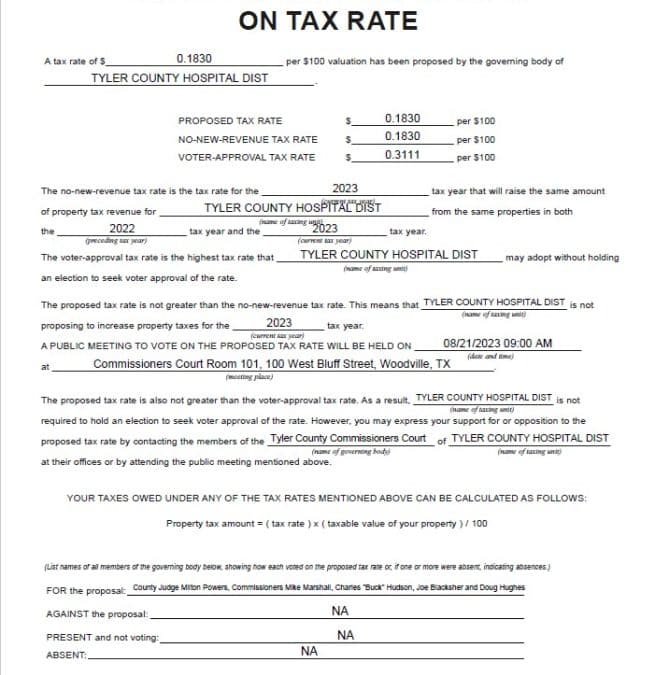 Tyler County Hospital District 2023 Proposed Tax Rate